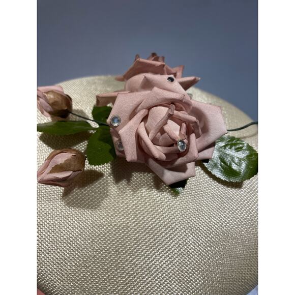 Vintage Carlot Juliet Fascinator Gold Cream Straw Hat with Pink Roses Mesh Veil - Picture 7 of 8